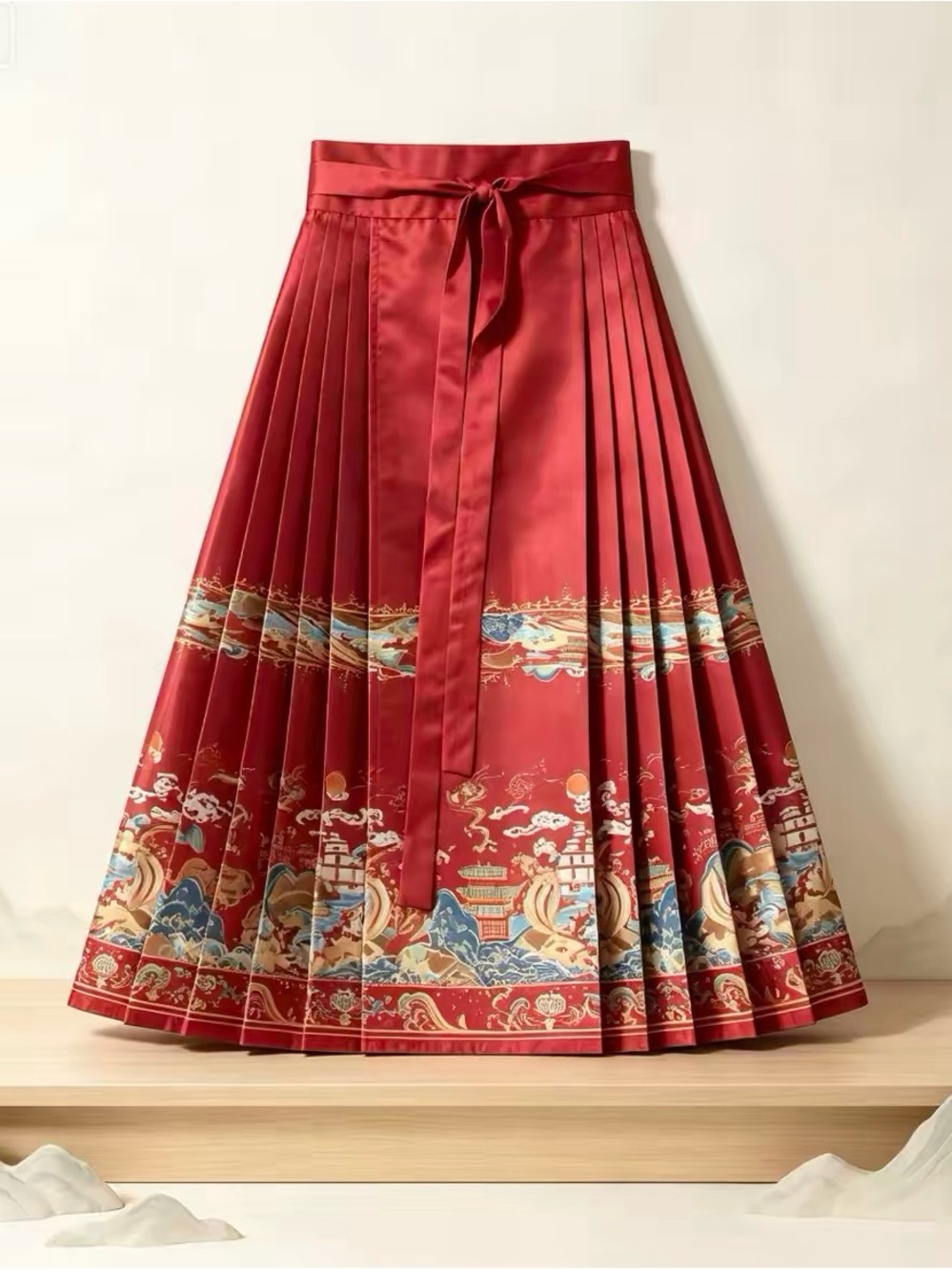 Red Horse Face Skirt with Scenic Border and Self-Tie Waist